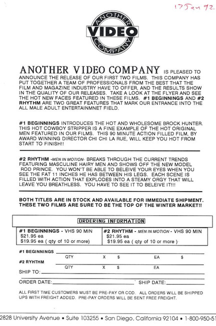 ANOTHER VIDEO COMPANY EPHEMERA  Gays Photos
